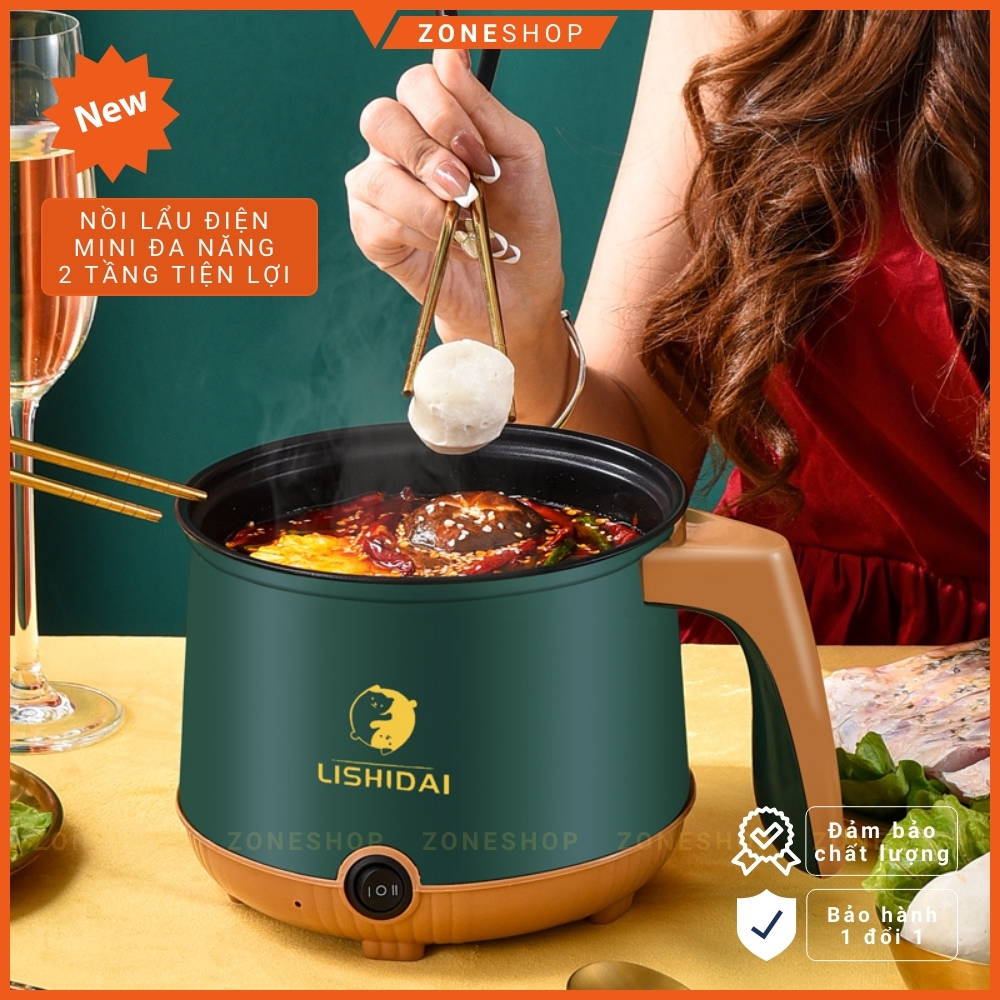 Nồi lẩu điện mini nấu mì 2 tầng ZONEHOUSE - LISHIDAI, giá hấp đa năng nướng, luộc, chiên tiện lợi [ZONESHOP]