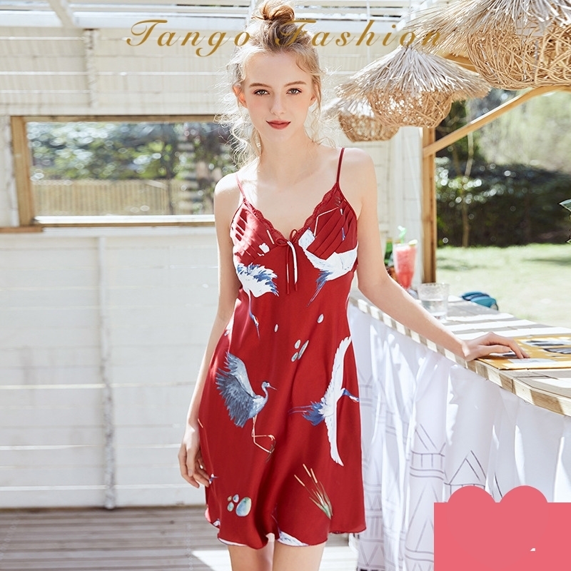 Váy hai dây, Đầm ngủ nữ lụa satin họa tiết, đồ mặc nhà dễ thương [TANGO FASHION]