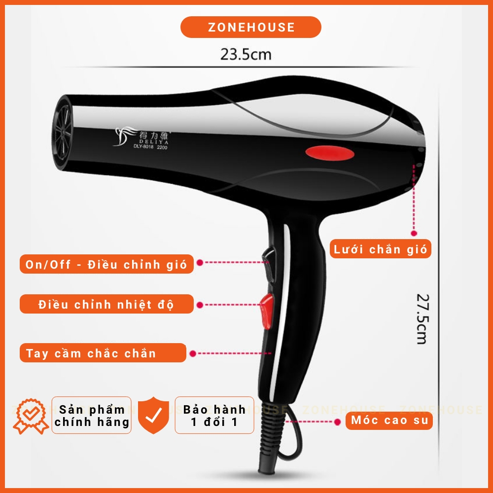 Máy Sấy Tóc Deliya - ZoneHouse, Công Suất Lớn 2200W Tặng Kèm 5 Phụ Kiện, máy sấy tạo kiểu tóc, bảo hành 1 đổi 1