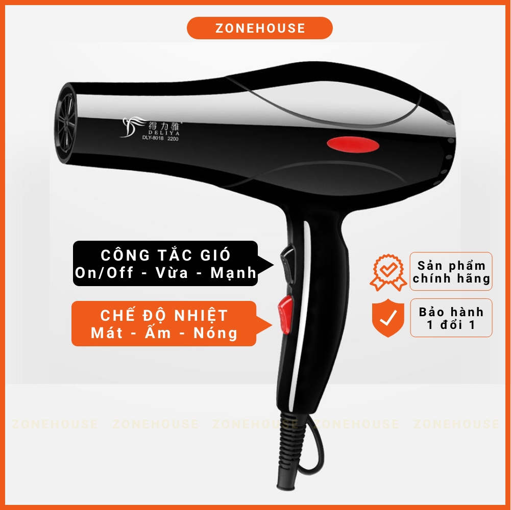 Máy Sấy Tóc Deliya - ZoneHouse, Công Suất Lớn 2200W Tặng Kèm 5 Phụ Kiện, máy sấy tạo kiểu tóc, bảo hành 1 đổi 1