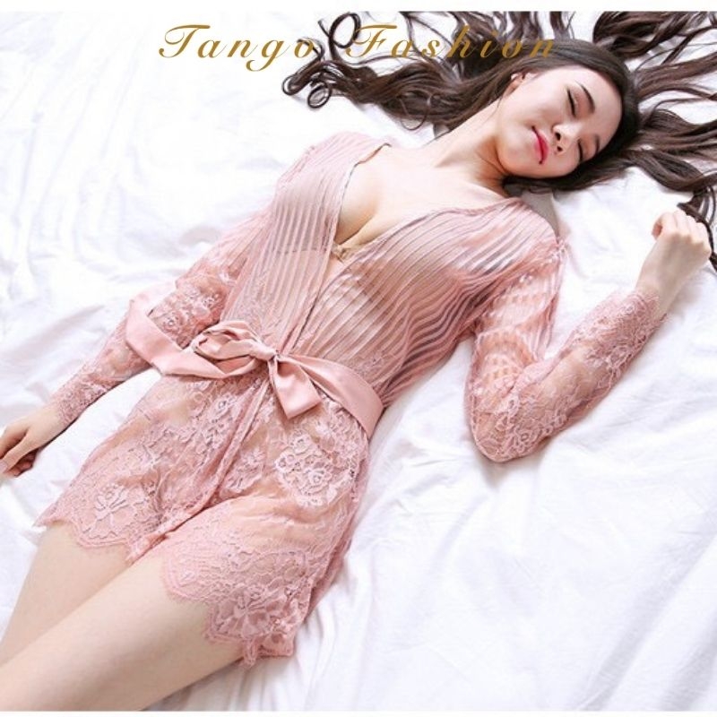 Váy ngủ sexy quyến rủ xuyên thấu TANGO FASHION - Đầm ngủ ren voan choàng thắt dây + Quần chip lọt khe gợi cảm