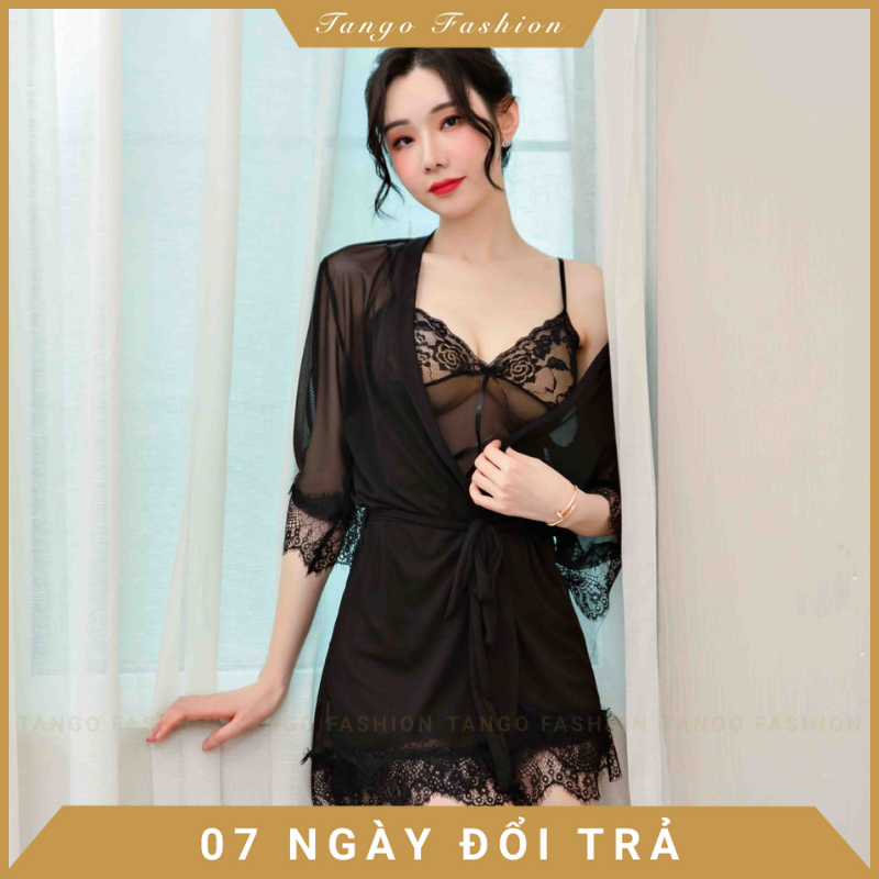 Váy ngủ sexy - Đầm ngủ ren voan mỏng ngợi cảm có kèm áo choàng thắt dây và quần chíp lọt khe quyến rủ [TANGO FASHION]