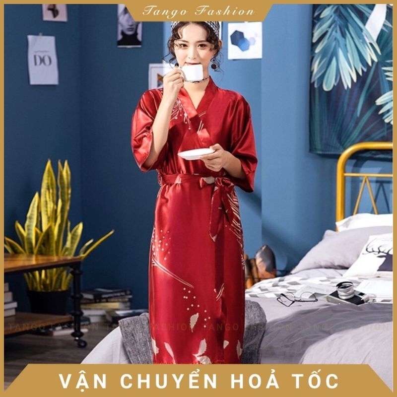 Áo choàng ngủ, váy ngủ lụa kiểu Kimono họa tiết dành cho nữ, áo choàng ngủ quyến rũ lụa Satin [TANGO FASHION]