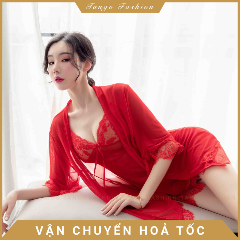 Váy ngủ sexy - Đầm ngủ ren voan mỏng ngợi cảm có kèm áo choàng thắt dây và quần chíp lọt khe quyến rủ [TANGO FASHION]