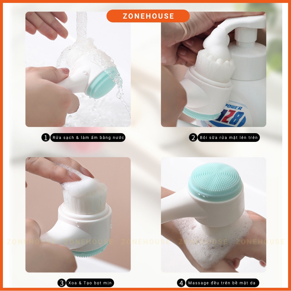 Cây rửa mặt 2 đầu massage sạch sâu ZONEHOUSE, bàn chải rửa mặt Hàn Quốc 2 đầu lông cực mềm và silicon dẻo
