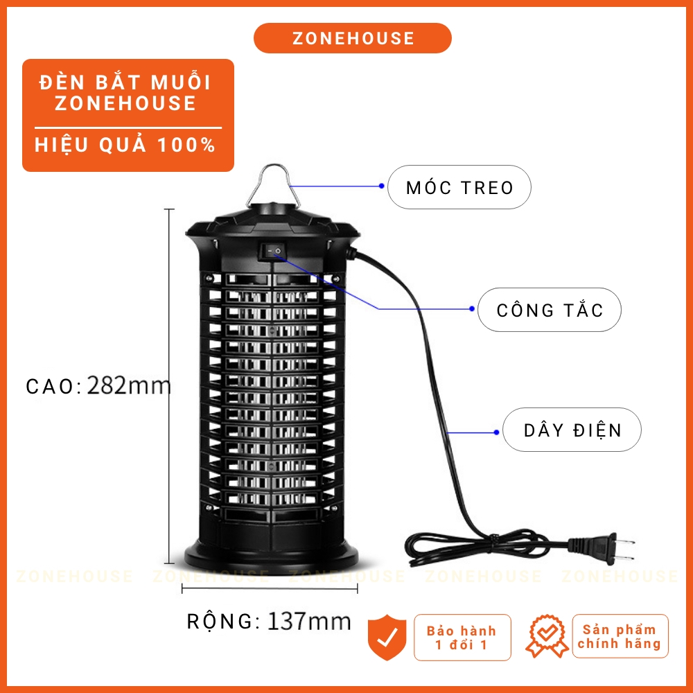 Đèn Bắt Muỗi Cao Cấp ZONEHOUSE - Máy bắt muỗi thông minh, cam kết hiệu quả - Đèn LED 11W Công Suất Cao Ánh Sáng Tím Nano