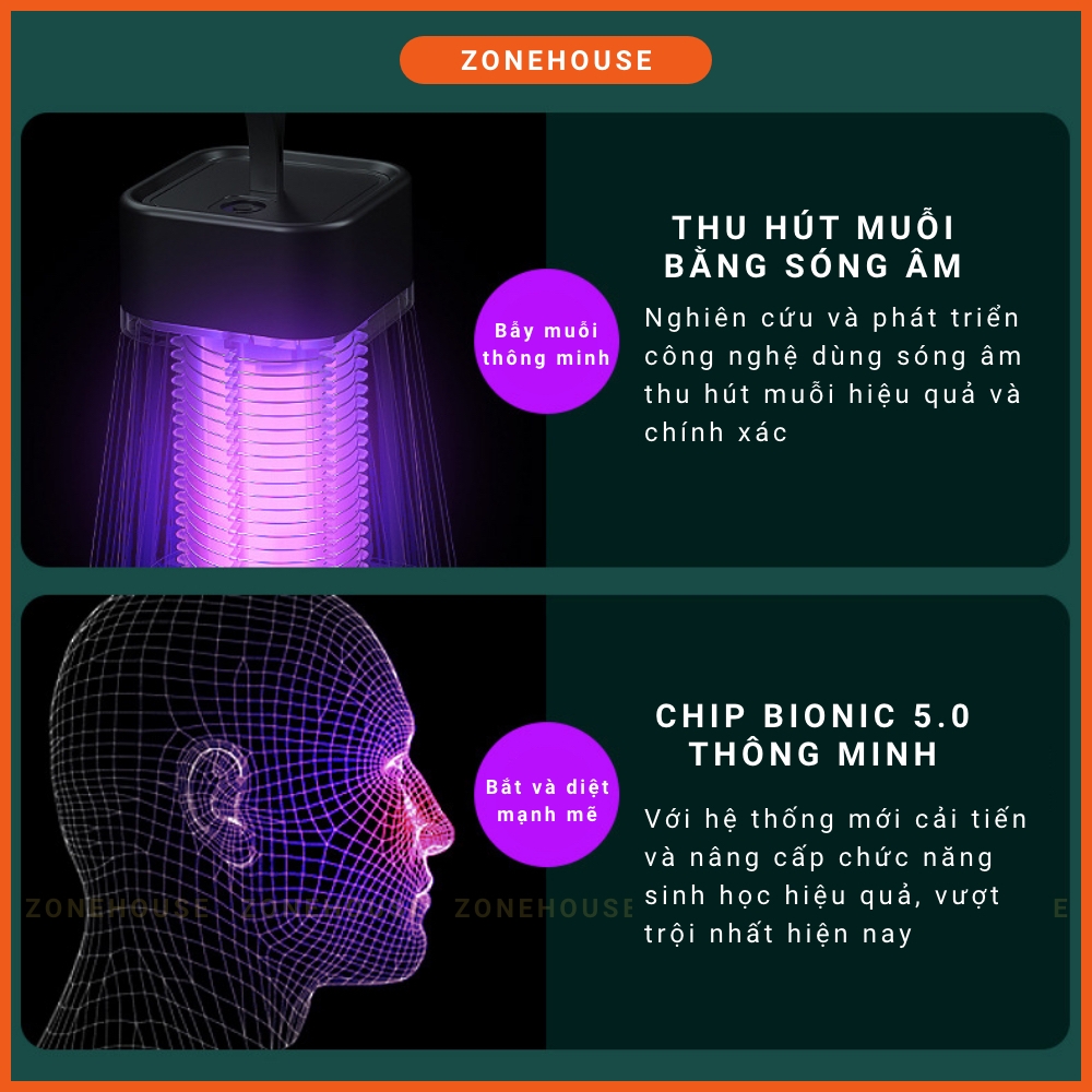 Đèn bắt muỗi thông minh Electric S thế hệ mới nhất - Đèn bắt muỗi di động + kèm dây sạc, máy bắt muỗi ZONEHOUSE