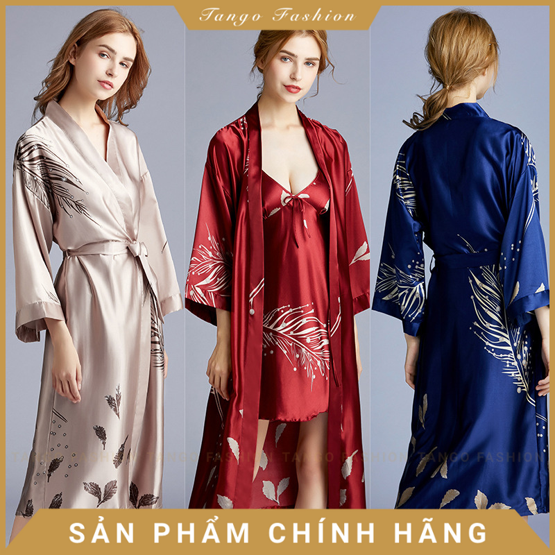 Áo choàng ngủ, váy ngủ lụa kiểu Kimono họa tiết dành cho nữ, áo choàng ngủ quyến rũ lụa Satin [TANGO FASHION]