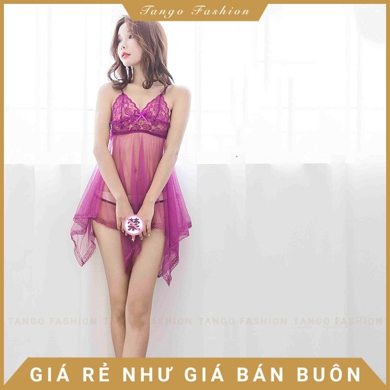 Váy ngủ sexy gợi cảm, Đầm ngủ xuyên thấu 2 dây kèm quần chip [TANGO FASHION]