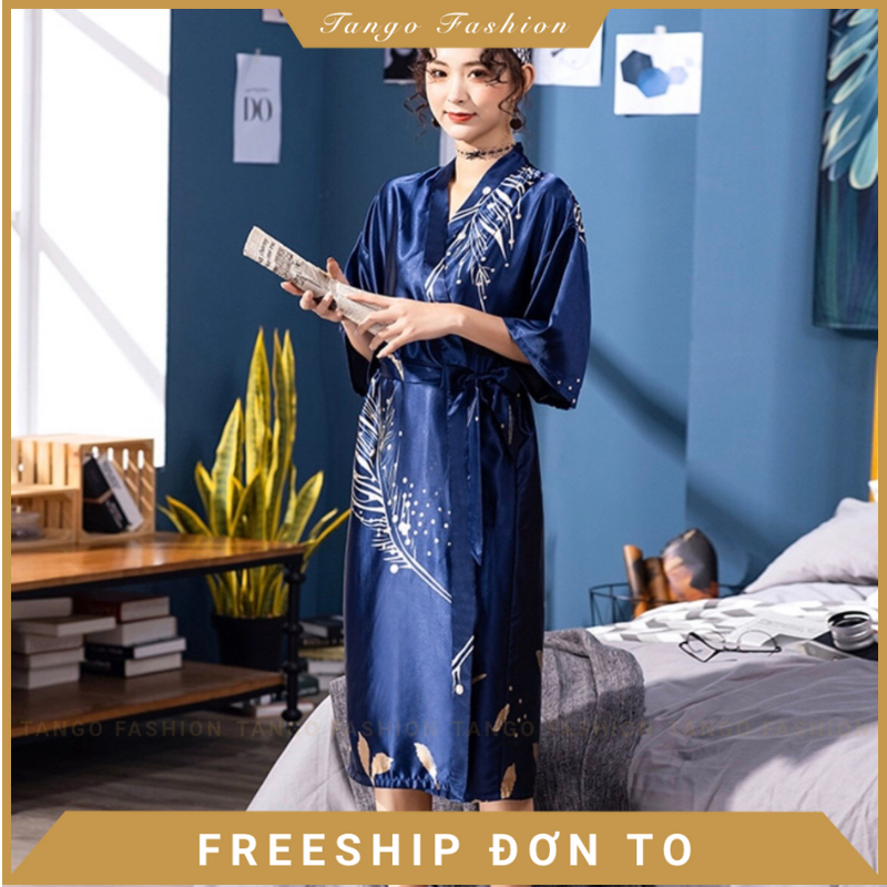 Áo choàng ngủ, váy ngủ lụa kiểu Kimono họa tiết dành cho nữ, áo choàng ngủ quyến rũ lụa Satin [TANGO FASHION]