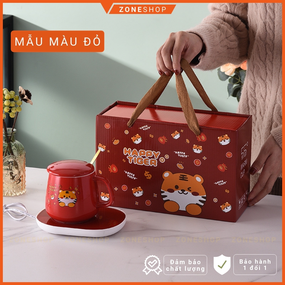 Cốc hâm nóng đồ uống bằng sứ cao cấp, bộ cốc sứ làm nóng tự động tặng thìa vàng sang trọng Zone Shop