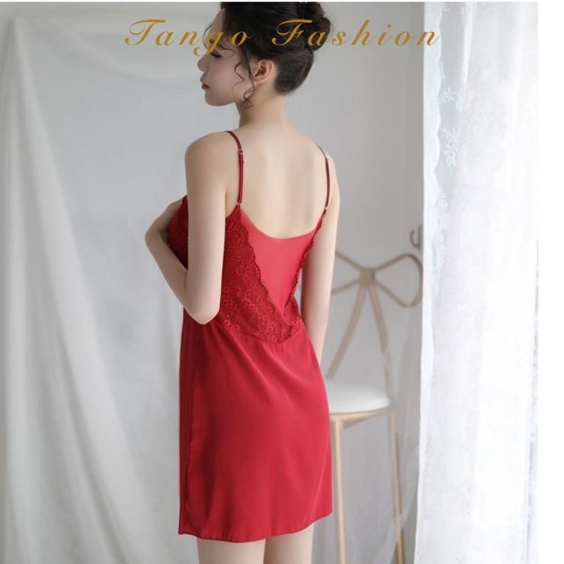 Váy ngủ hai dây bằng lụa phối ren có đệm ngực quyến rũ cho nữ, Đồ mặc nhà phong cách gợi cảm [TANGO FASHION]