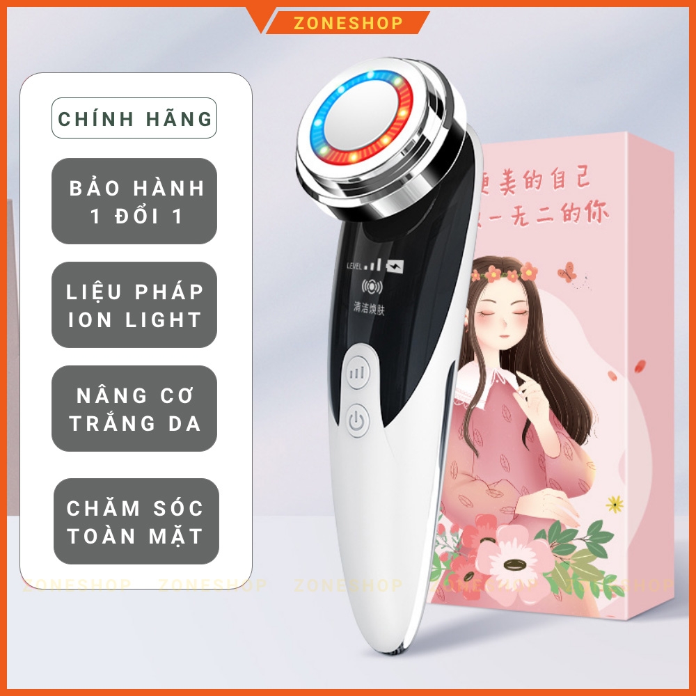 Máy massage mặt cầm tay ION 4 chế độ, 2 nguồn ánh sáng, chăm sóc da mặt ion light, sóng âm - SP Chính hãng [ZONESHOP]