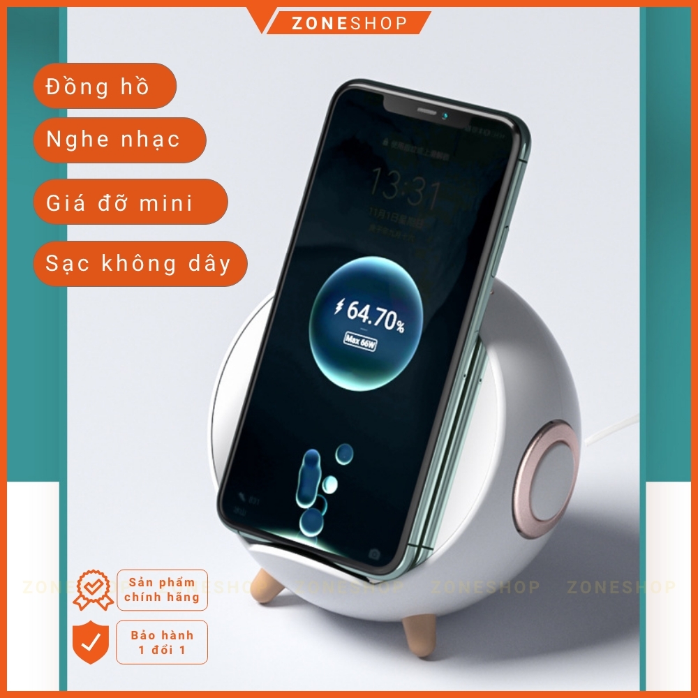 Loa bluetooth đa chức năng ZONEHOUSE, đế sạc điện thoại không dây, đồng hồ báo thức gương, giá đỡ điện, 5in1 [ZONESHOP]
