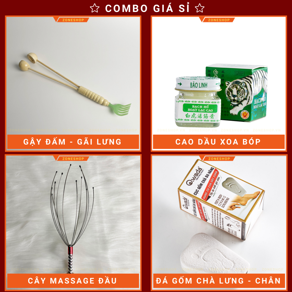 [COMBO Giá sỉ] Gậy Đấm Lưng, Cao Dầu Xoa Bóp Bảo Linh, Cây Massage Đầu, Đá Gốm Chà Chân, Lưng Cao Cấp - ZONESHOP