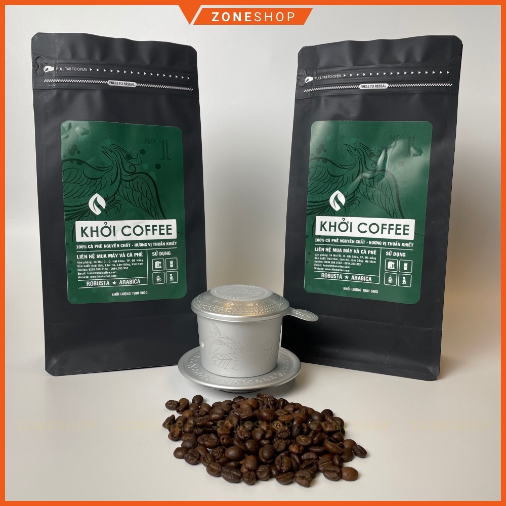 Cà phê hạt nguyên chất [TẶNG MÁY XAY] thương hiệu KHỞI, cà phê bột nguyên chất không pha trộn tẩm ướt [ZONESHOP]