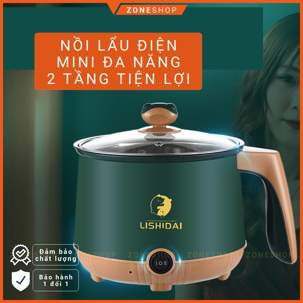 Nồi lẩu điện mini nấu mì 2 tầng ZONEHOUSE - LISHIDAI, giá hấp đa năng nướng, luộc, chiên tiện lợi [ZONESHOP]