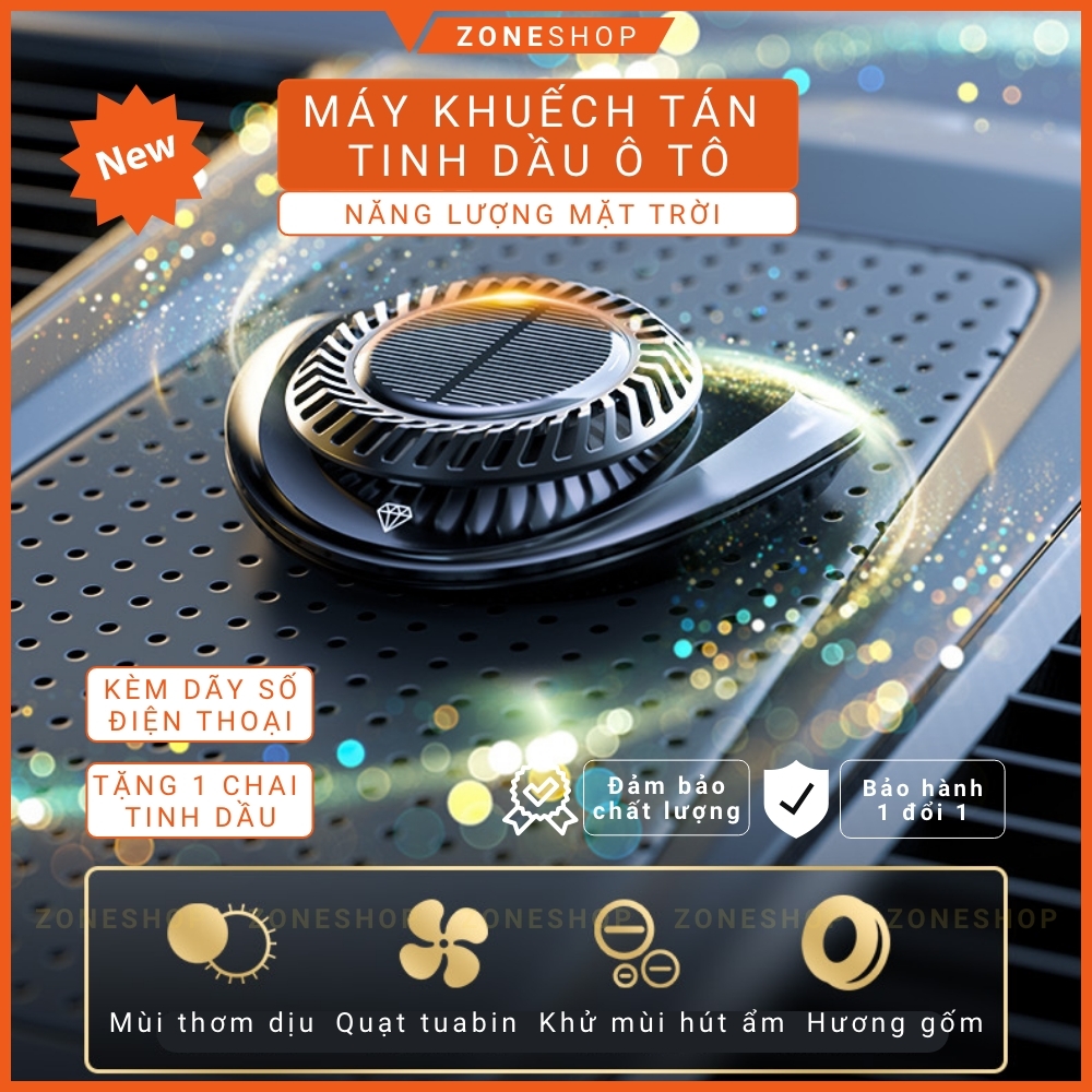 Tinh dầu nước hoa xe tự động khuếch tán năng lượng mặt trời xoay vòng hiện kèm bảng số điện thoại ô tô Zone Shop