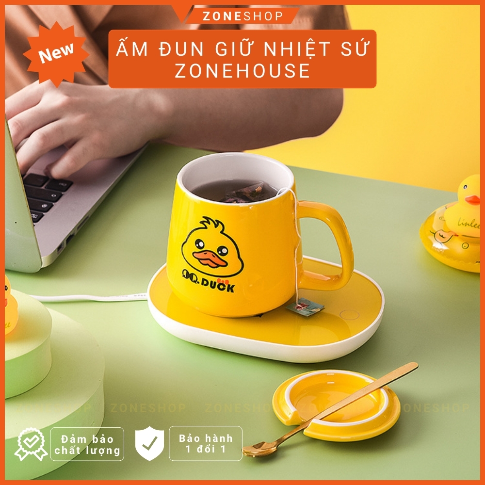 Cốc hâm nóng đồ uống bằng sứ cao cấp, bộ cốc sứ làm nóng tự động tặng thìa vàng sang trọng Zone Shop