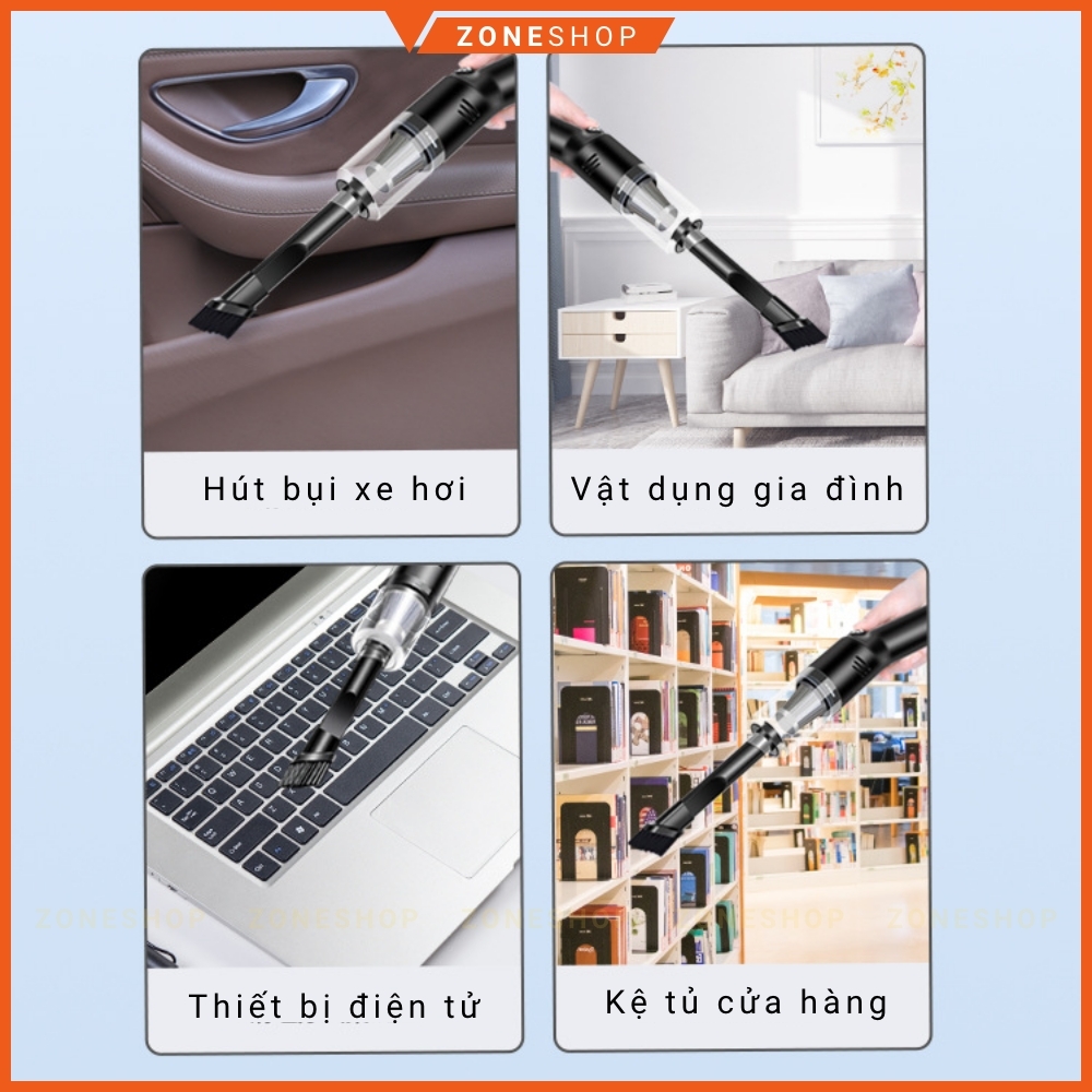 Máy hút bụi cầm tay mini ZONEHOUSE, sạc không dây đa năng lực hút siêu mạnh sử dụng hút bụi ô tô, bụi giường [ZONESHOP]