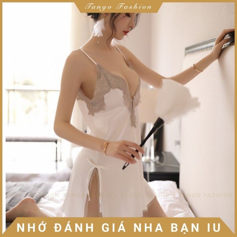 Váy ngủ sexy 2 dây lụa gợi cảm cao cấp - Đầm ngủ lụa phối ren xẻ hông quyến rủ, Đồ mặc nhà dễ thương [TANGO FASHION]