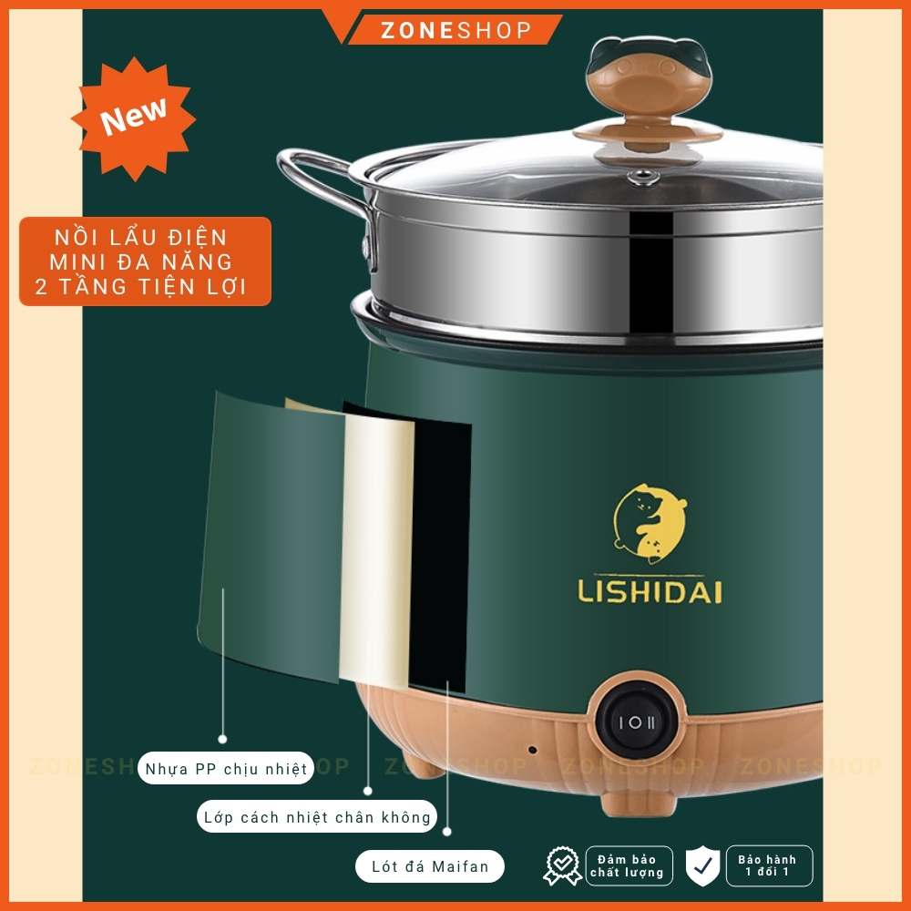 Nồi lẩu điện mini nấu mì 2 tầng ZONEHOUSE - LISHIDAI, giá hấp đa năng nướng, luộc, chiên tiện lợi [ZONESHOP]