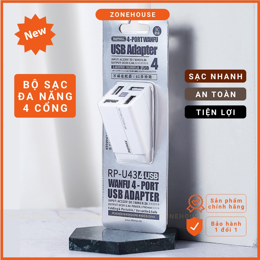 Củ Sạc Nhanh 4 Cổng REMAX - ZoneHouse, Cục Sạc Điện Thoại Thông Minh, Chân Gập Tiện Dụng, Sạc Đa