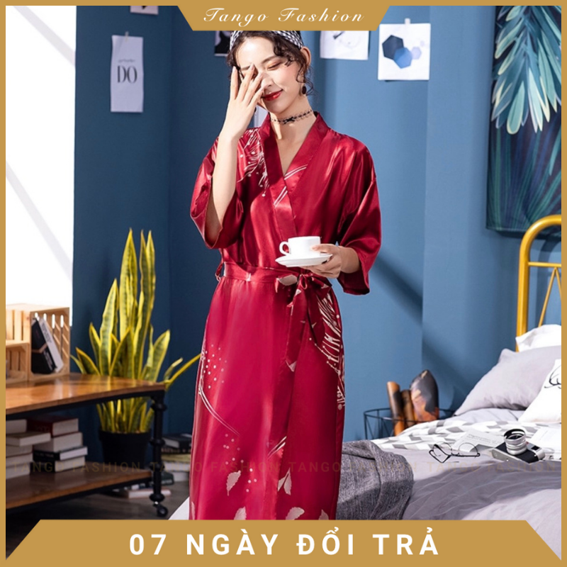 Áo choàng ngủ, váy ngủ lụa kiểu Kimono họa tiết dành cho nữ, áo choàng ngủ quyến rũ lụa Satin [TANGO FASHION]