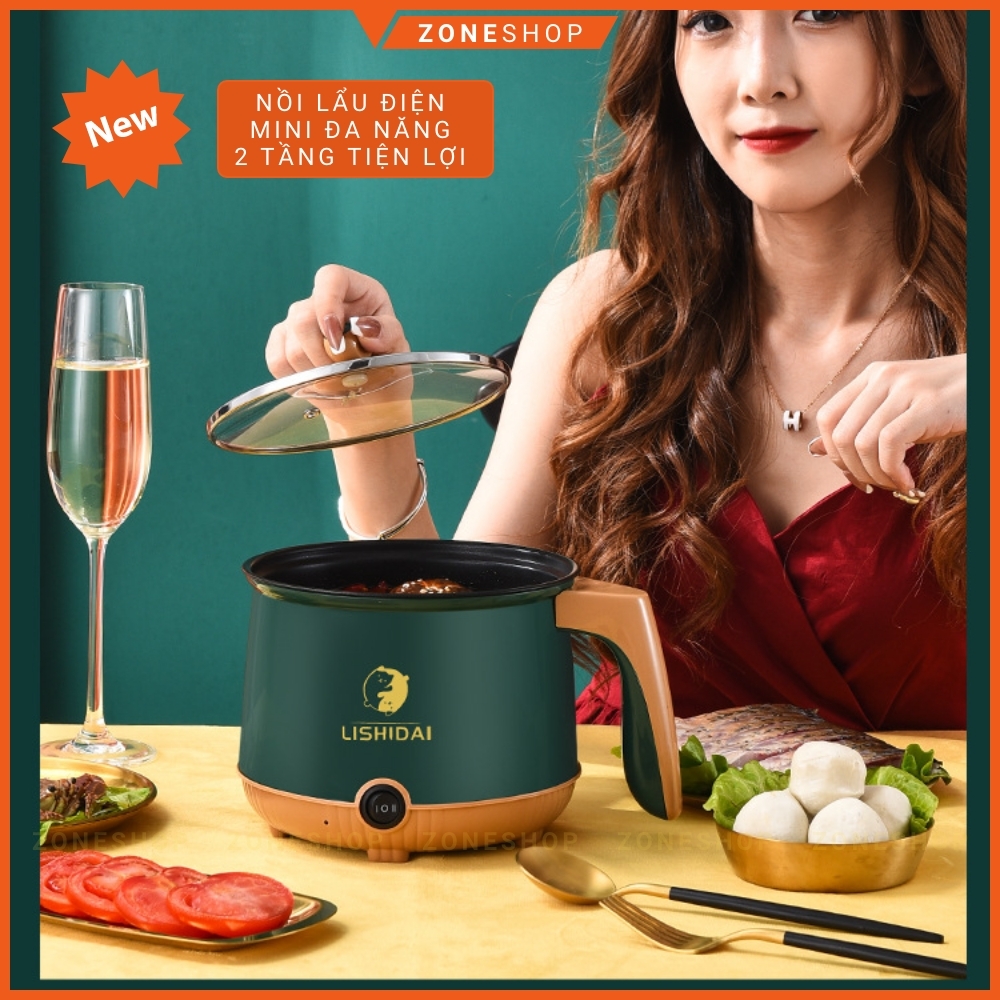 Nồi lẩu điện mini nấu mì 2 tầng ZONEHOUSE - LISHIDAI, giá hấp đa năng nướng, luộc, chiên tiện lợi [ZONESHOP]