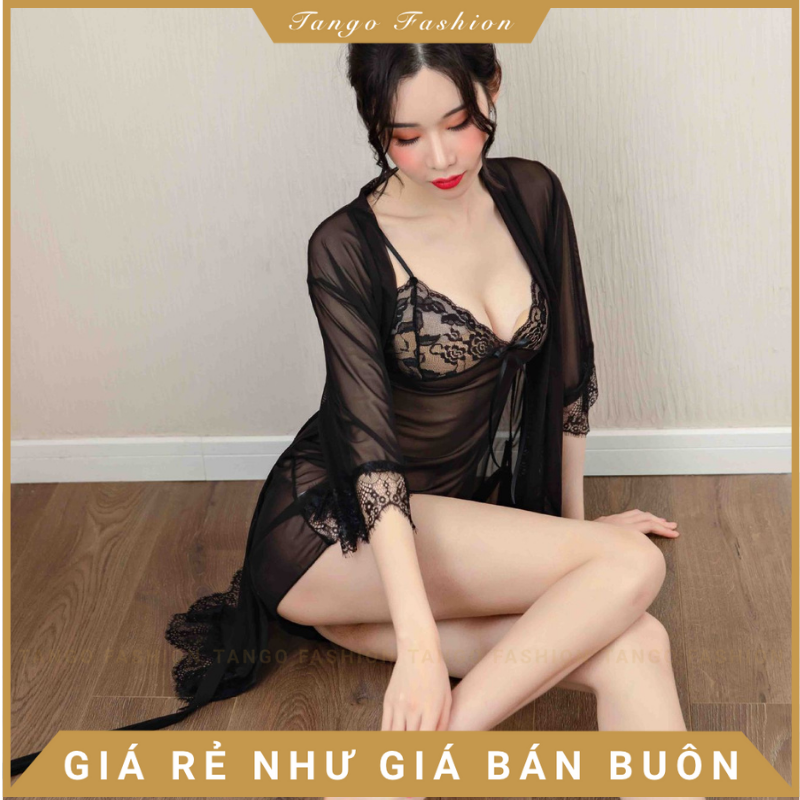Váy ngủ sexy - Đầm ngủ ren voan mỏng ngợi cảm có kèm áo choàng thắt dây và quần chíp lọt khe quyến rủ [TANGO FASHION]