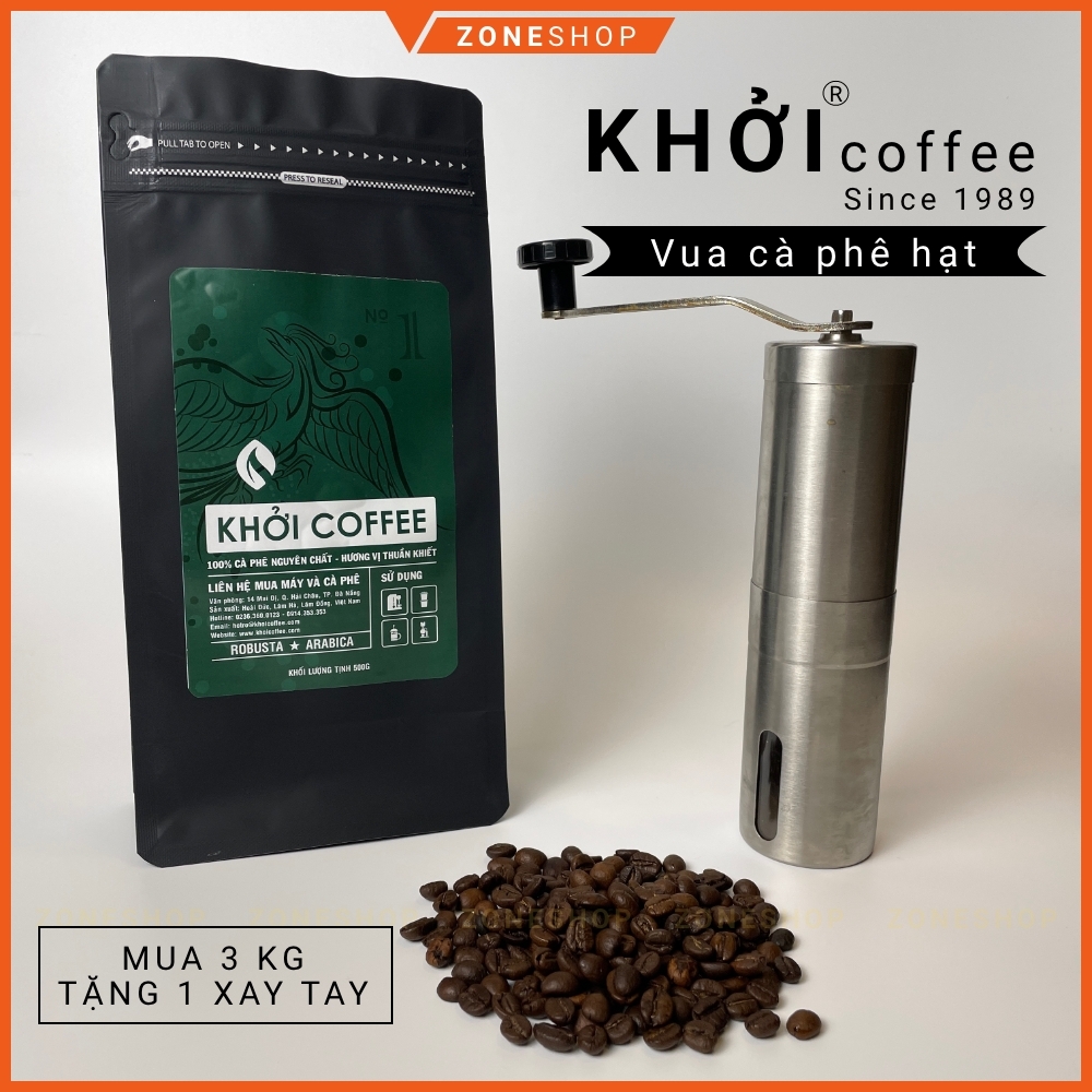 Cà phê hạt nguyên chất [TẶNG MÁY XAY] thương hiệu KHỞI, cà phê bột nguyên chất không pha trộn tẩm ướt [ZONESHOP]
