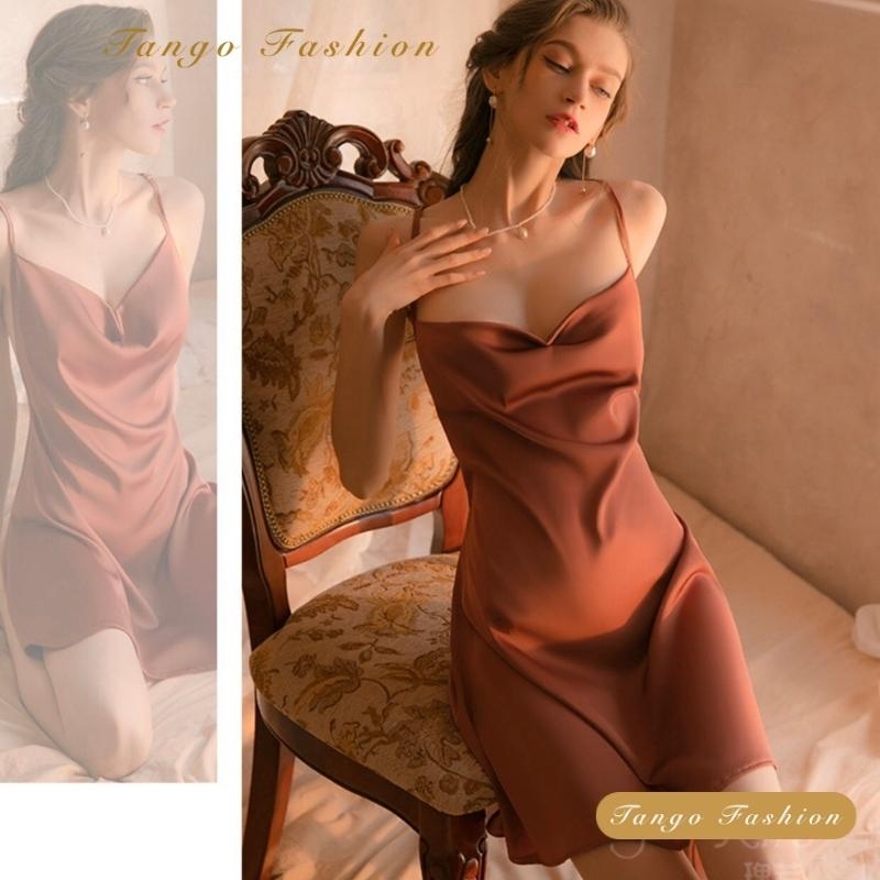 Váy ngủ sexy, Đầm lụa satin CAO CẤP thiết kế phối ren hở lưng quyến rủ, TANGO FASHION Shop chuyên đồ ngủ