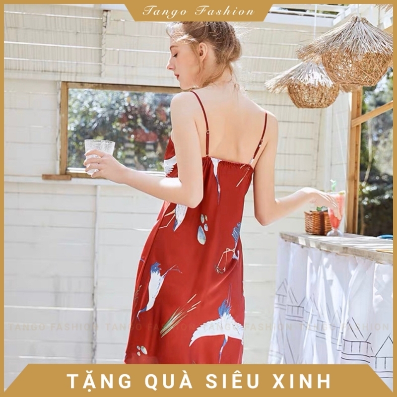 Váy hai dây, Đầm ngủ nữ lụa satin họa tiết, đồ mặc nhà dễ thương [TANGO FASHION]