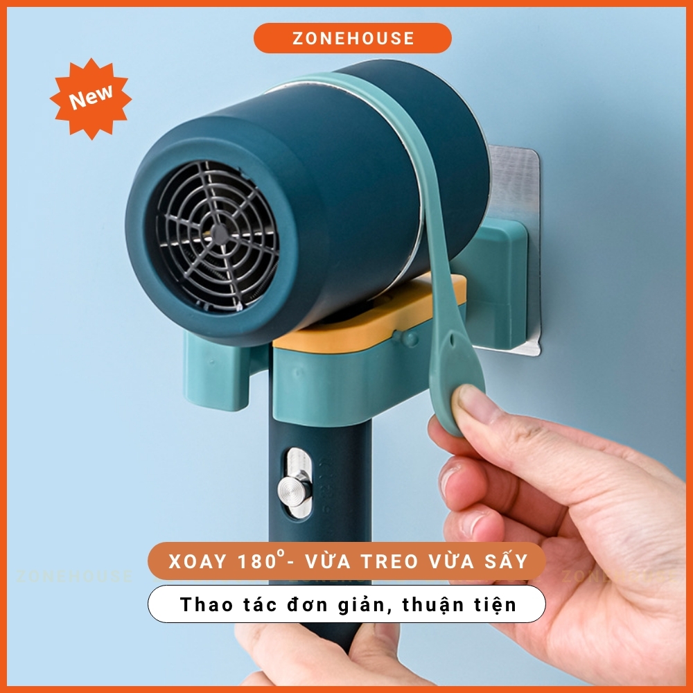 Giá Treo Máy Sấy Tóc Thông Minh Xoay 180 độ ZONEHOUSE, Vừa Treo Vừa Sấy, Kệ Treo Máy Sấy Tóc Dán Tường Nhà Tắm ZONESHOP
