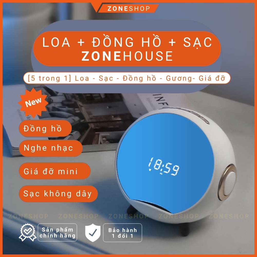Loa bluetooth đa chức năng ZONEHOUSE, đế sạc điện thoại không dây, đồng hồ báo thức gương, giá đỡ điện, 5in1 [ZONESHOP]