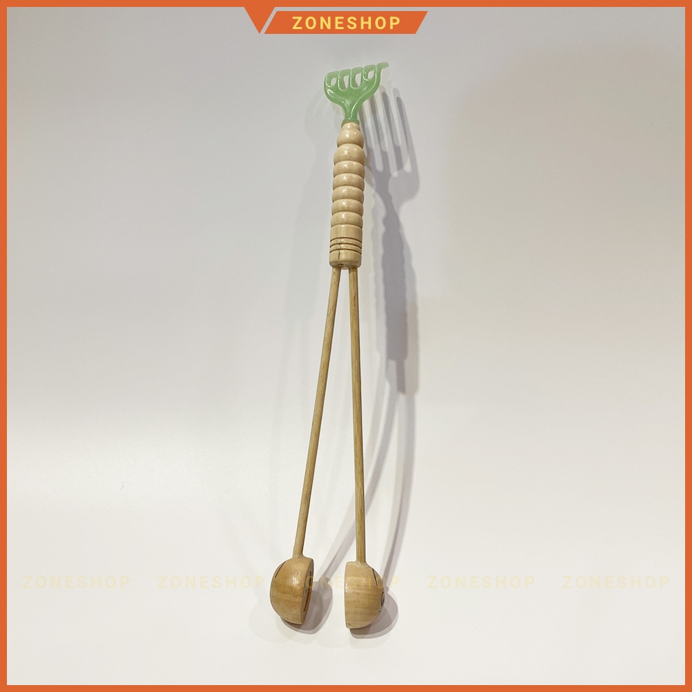 Cây gậy đấm lưng gỗ, kèm đầu gãi lưng ZONESHOP, dụng cụ massage lưng, hàng thủ công mỹ nghệ đầu thú tròn
