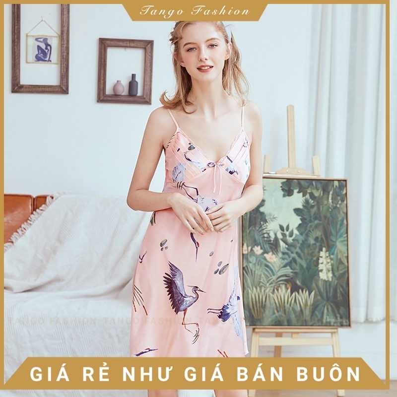 Váy hai dây, Đầm ngủ nữ lụa satin họa tiết, đồ mặc nhà dễ thương [TANGO FASHION]