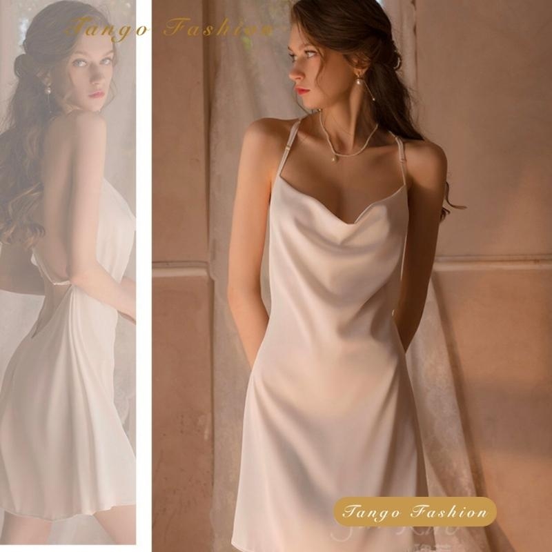 Váy ngủ sexy, Đầm lụa satin CAO CẤP thiết kế phối ren hở lưng quyến rủ, TANGO FASHION Shop chuyên đồ ngủ