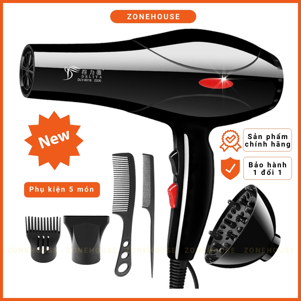 Máy Sấy Tóc Deliya - ZoneHouse, Công Suất Lớn 2200W Tặng Kèm 5 Phụ Kiện, máy sấy tạo kiểu tóc, bảo hành 1 đổi 1