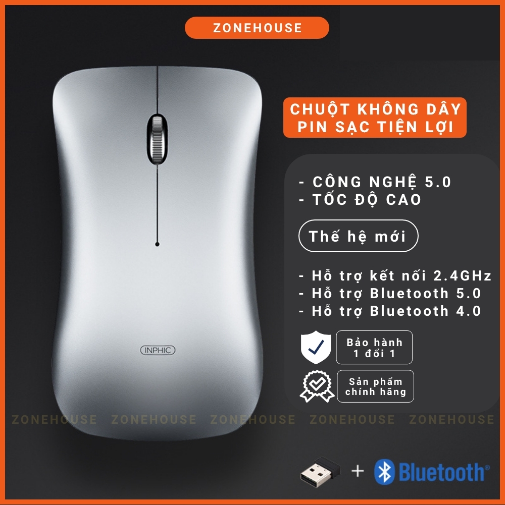 Chuột Bluetooth Wifi INPHIC PM9BS Chính hãng, Phong Cách Macbook, Có Thể Sạc Lại, 3 chế độ BT5.0/3.0+2.4Ghz - ZONESHOP