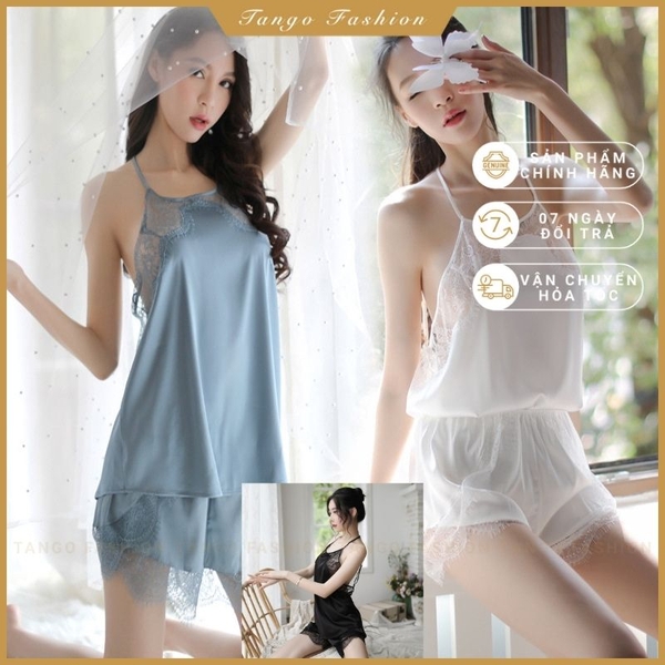 Đồ bộ ngủ lụa satin yếm sexy cao cấp,  Bộ ngủ áo yếm và quần đùi phối ren cực quyến rủ siêu hot [TANGO FASHION]