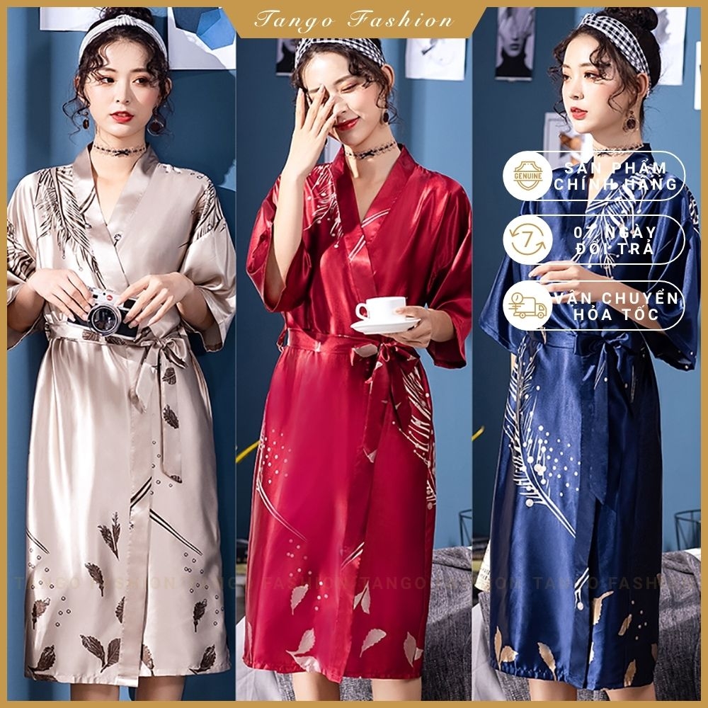 Áo choàng ngủ, váy ngủ lụa kiểu Kimono họa tiết dành cho nữ, áo choàng ngủ quyến rũ lụa Satin [TANGO FASHION]
