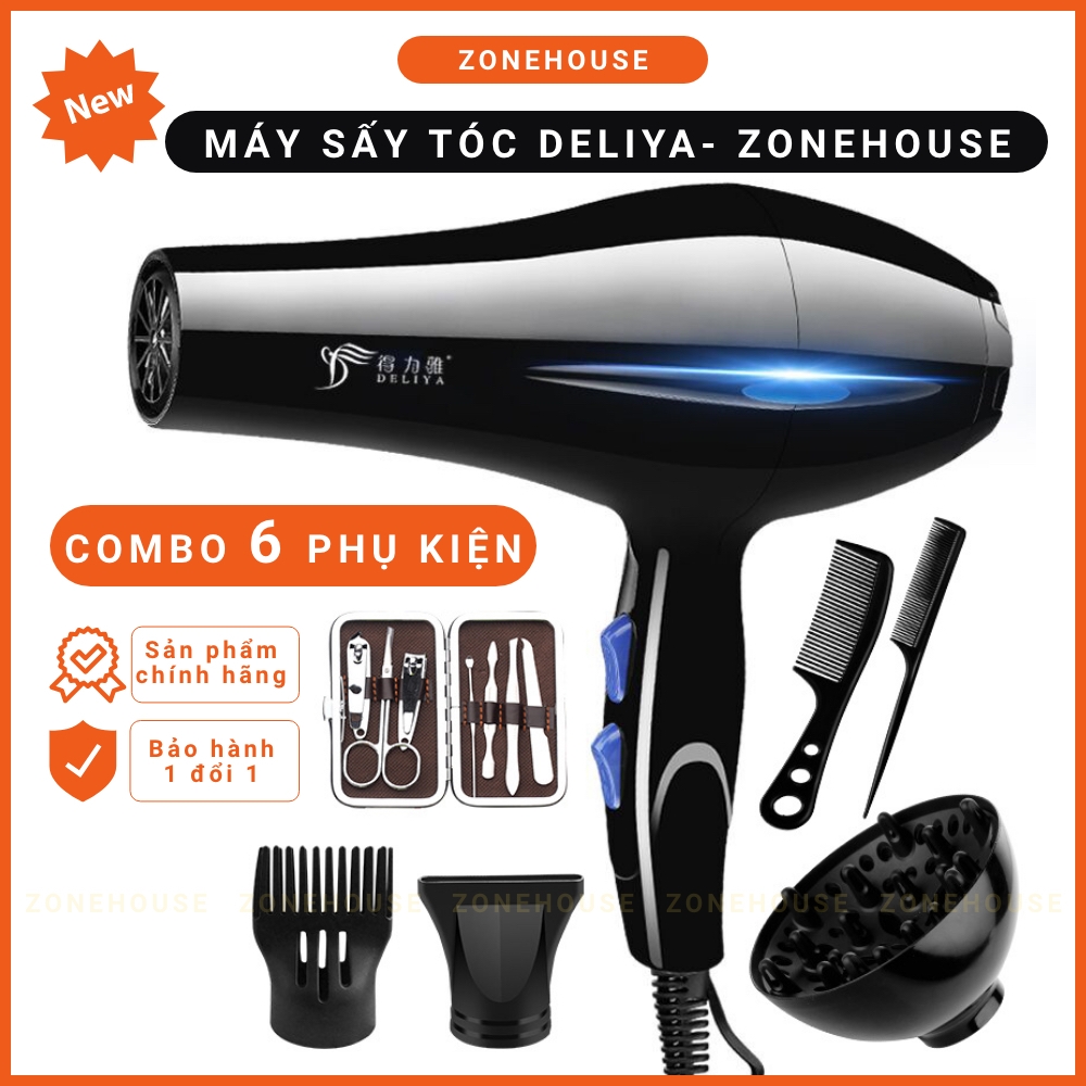 Máy Sấy Tóc Deliya - ZoneHouse, Tặng Kèm 6 Phụ Kiện, máy sấy tạo kiểu tóc chuyên nghiệp, bảo hành 1 đổi 1