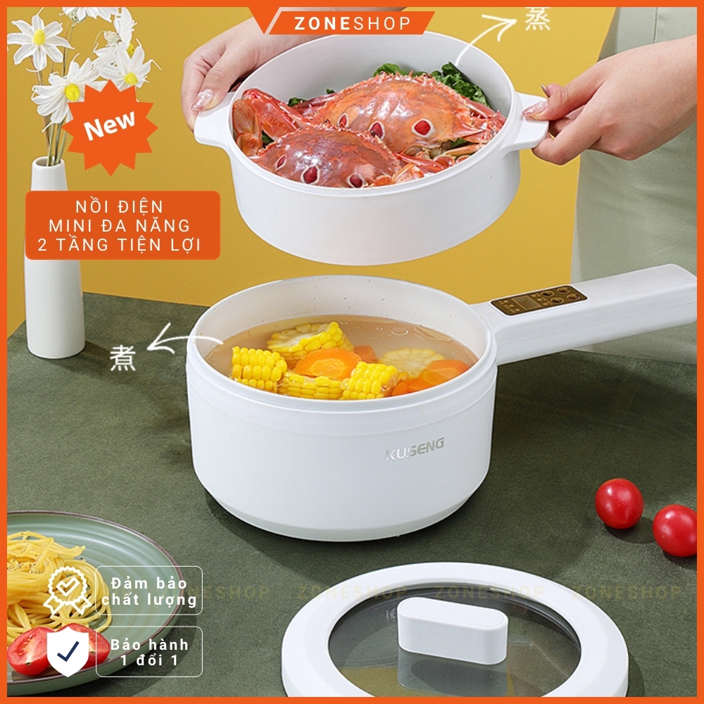 Nồi Nấu Lẩu Mini Cầm Tay, Nấu Cơm Đa Năng Có Tay Cầm, Lớp nồi tráng men 2L - 2 Nấc Nhiệt Kèm Giá Hấp [ZONESHOP]